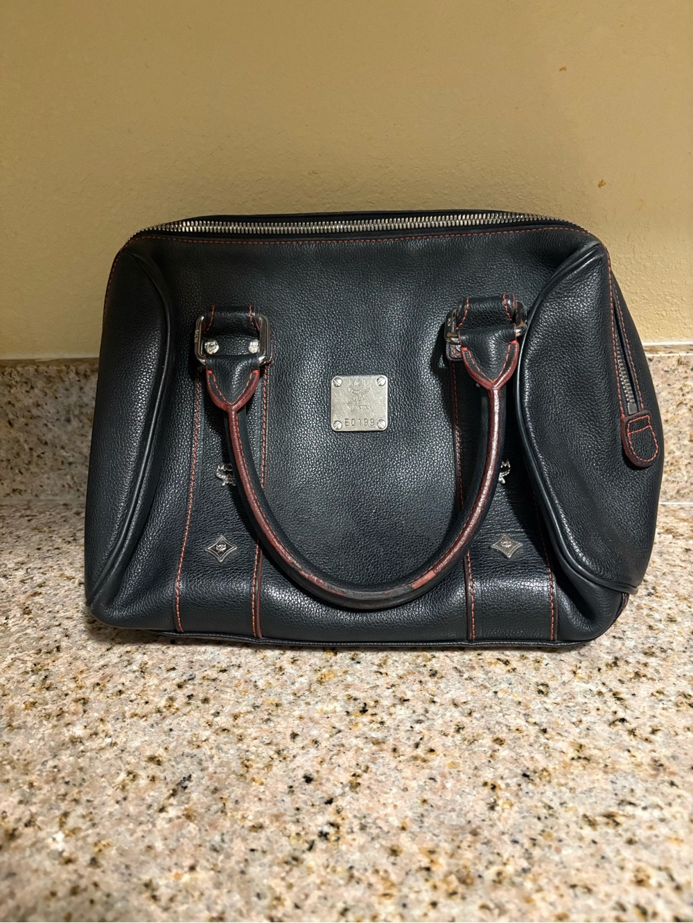Women's Black Leather Satchel Handbag with Contrast Stitching